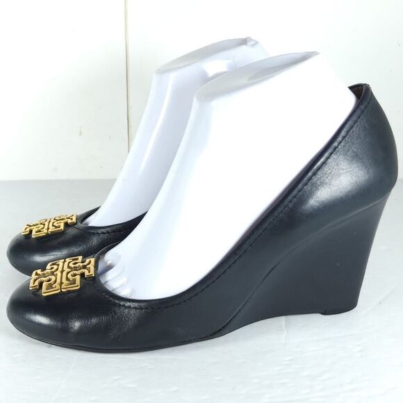 Tory Burch Women’s Melinda US 8M Black Leather Logo Slip On Wedge Pumps Shoes - Picture 2 of 16
